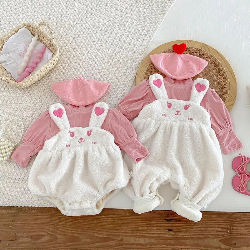 2024 Cute Rabbit Girl Baby Romper Autumn Winter Sweet Princess Clothing Newborn Girls Solid Long Sleeves Top Sisters Matching