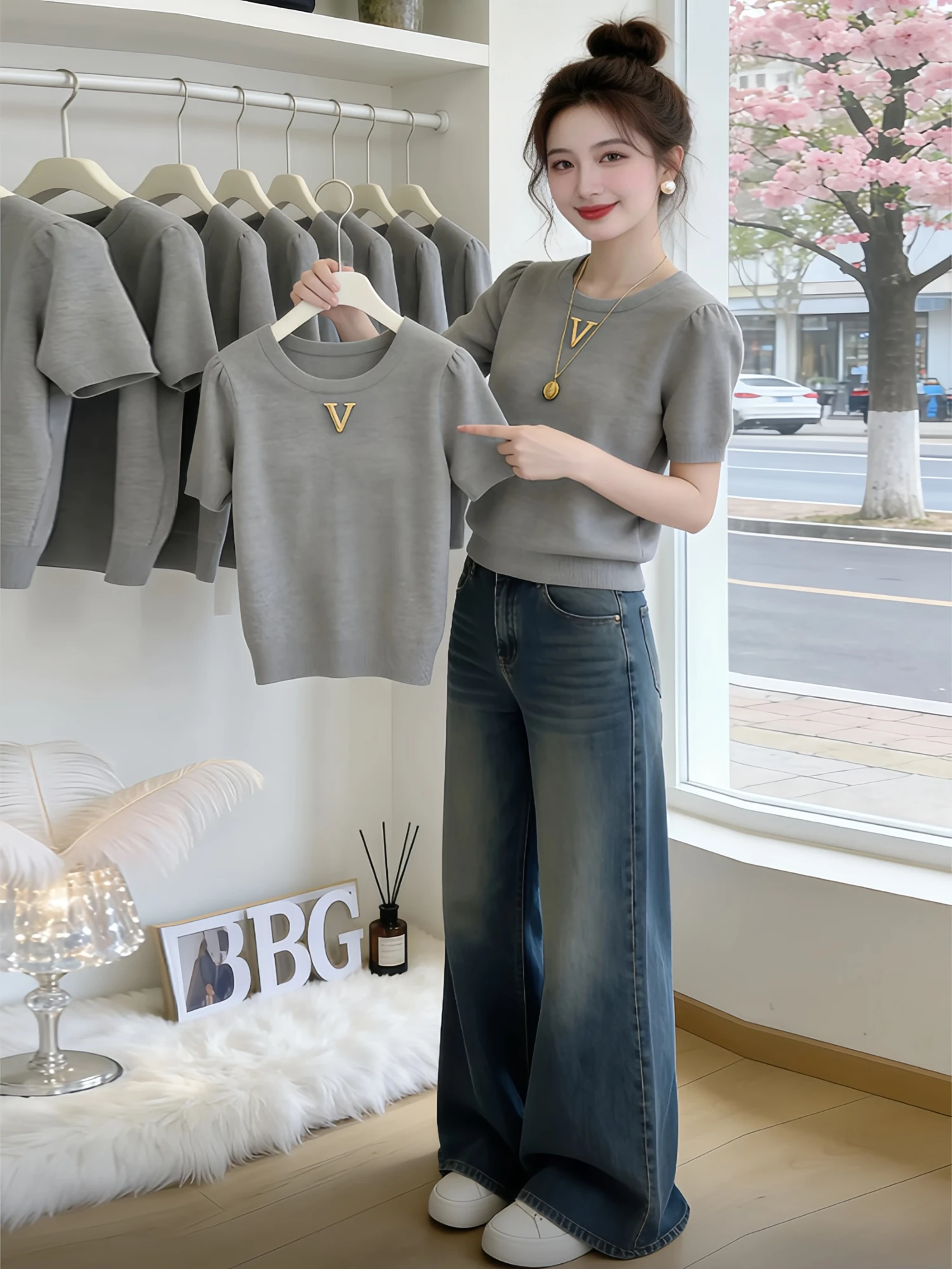 Pure Color round Neck Letter Accessory Simple Knitted Short Sleeve Women's Summer Beautiful Atmosphere High Intelligence Top