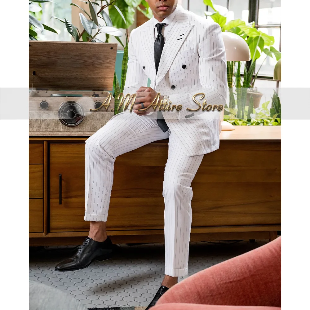 Men's White Pinstripe Suit  2 Piece Set Double-breasted Blazer Pants Tailored Fit for Wedding Summer Dinner Party Custom Tuxedo