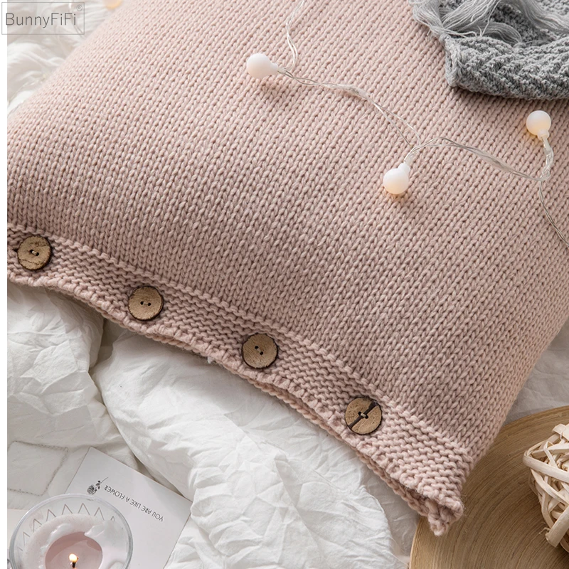 Soft Cotton Knit Cushion Cover Vintage Ivory Grey Pink Green Solid Pillow Case 45cm*45cm Button Open Home Decoration Nordic