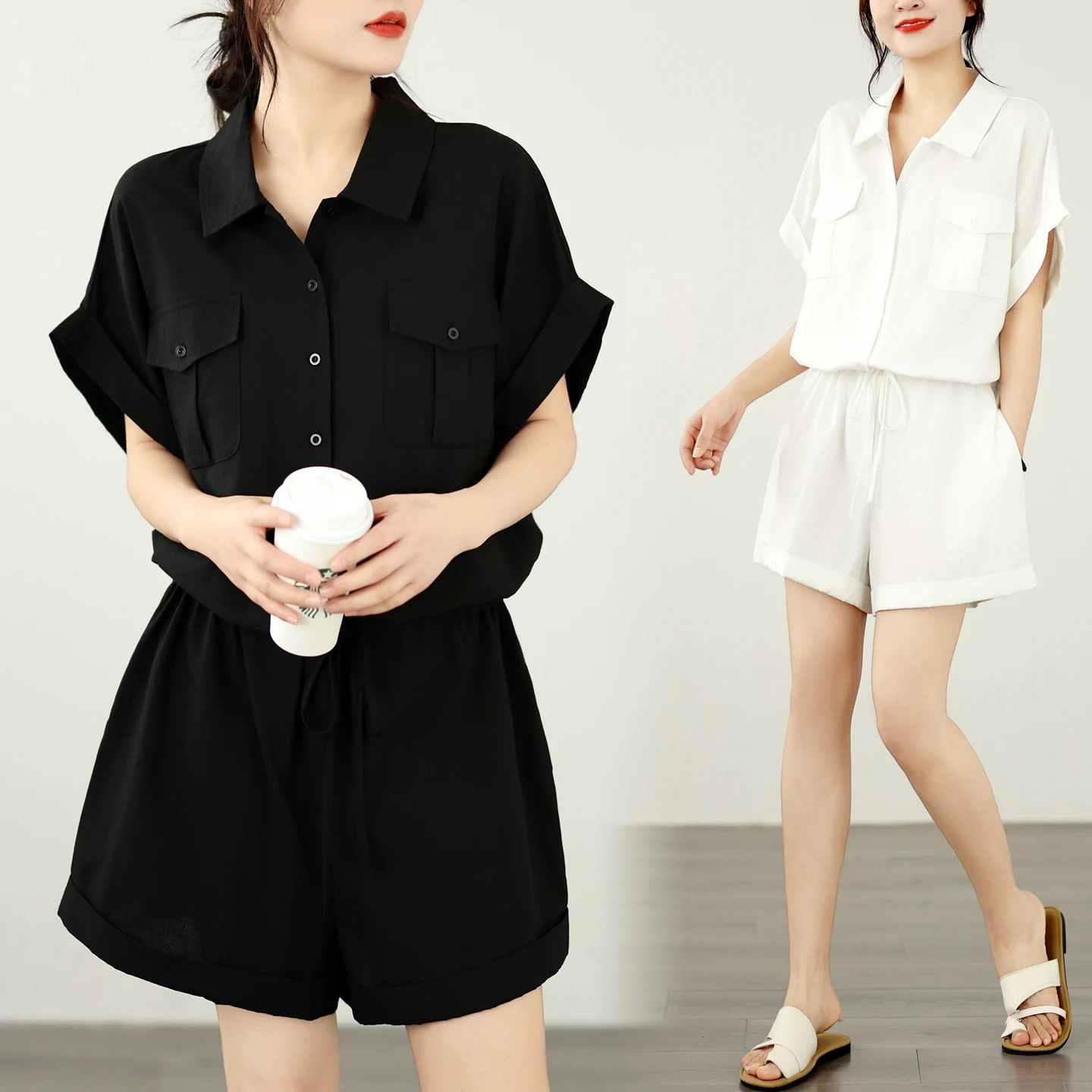 

plus Size Women's Overall Pants Summer 2026 New Style Workwear Utility Shorts Turn-down Collar Wide-leg One-piece Suit