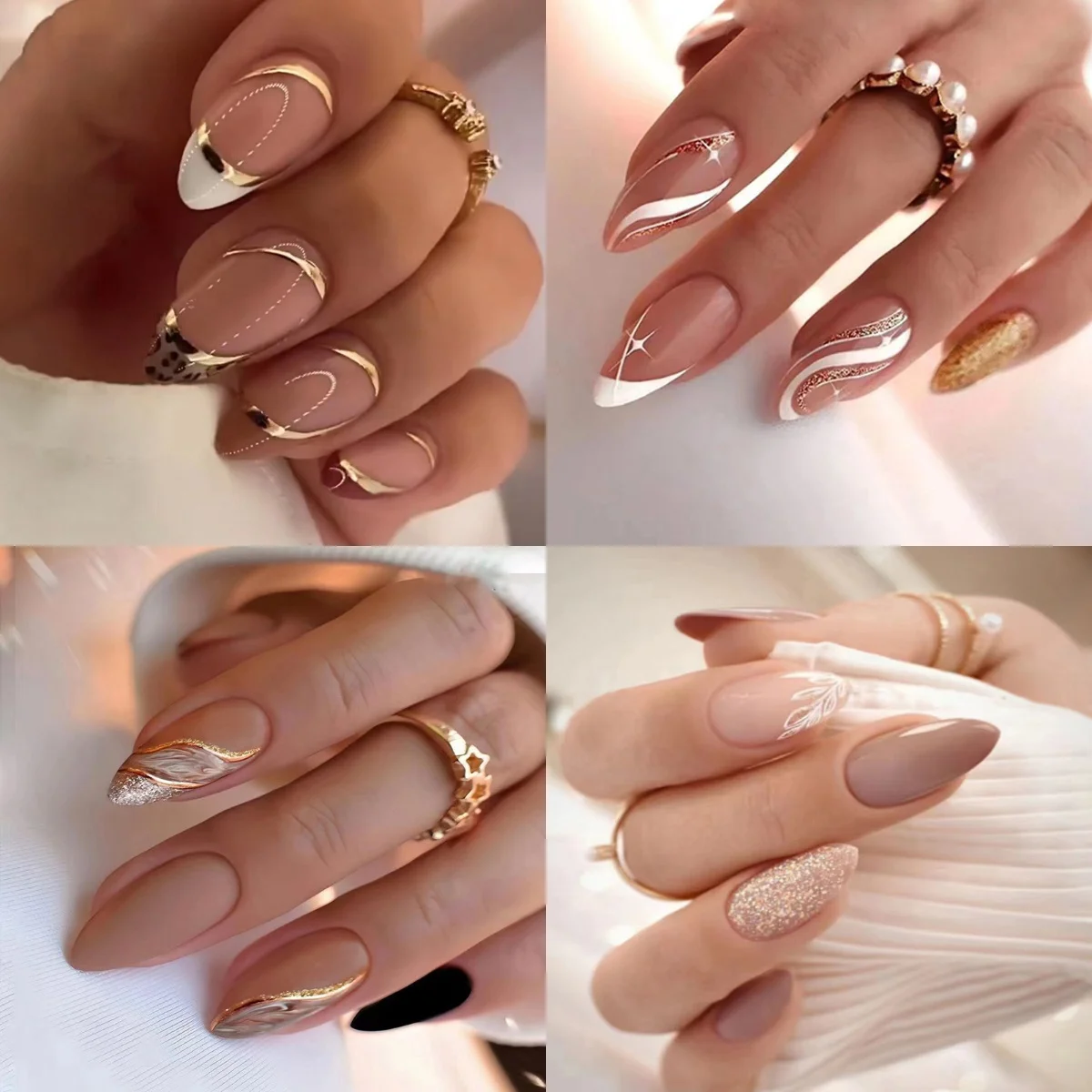 

4 стиля, 96 штук, золотые накладные ногти, миндалевидные искусственные ногти, белые французские и блестящие украшения, праздничный подарочный набор для маникюра