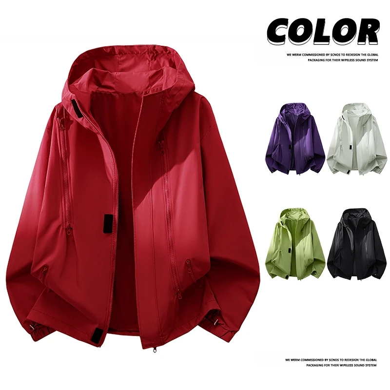 Multi Color Women Short Mountaineering Jacket Waterproof Windproof Hooded Cropped Windbreaker Coat