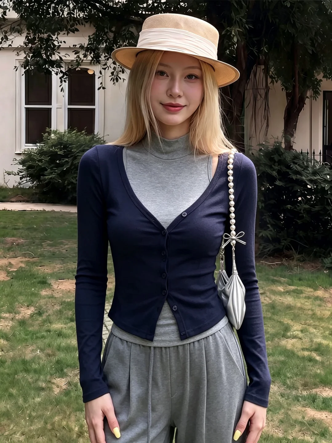 Elegant Light Maturity Women's Grey Blue Open Cardigan Vest Top Bottom Two-Piece Set Autumn Fashion Casual Style Breathable