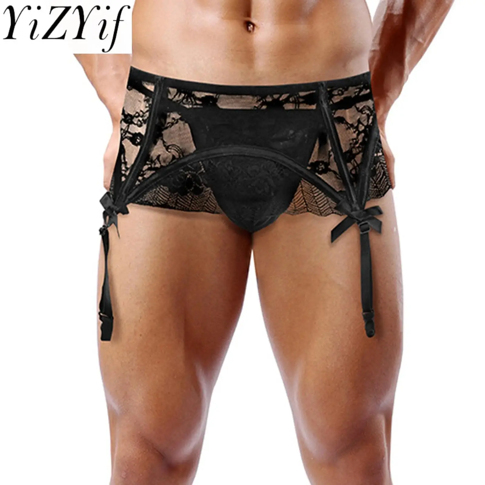 

Men Sissy Lingerie Briefs See Through Floral Lace Waist Belt with Garter Clips And T-Back Thong 2-piece Set for Couple Games