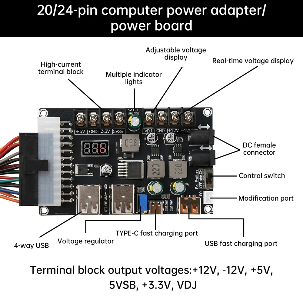 Płytka rozdzielcza zasilacza ATX 20/24-pin, moduł zasilania obudowy komputera stacjonarnego, USB 5V 12V szybkie ładowanie, regulowane napięcie, adapter typu C