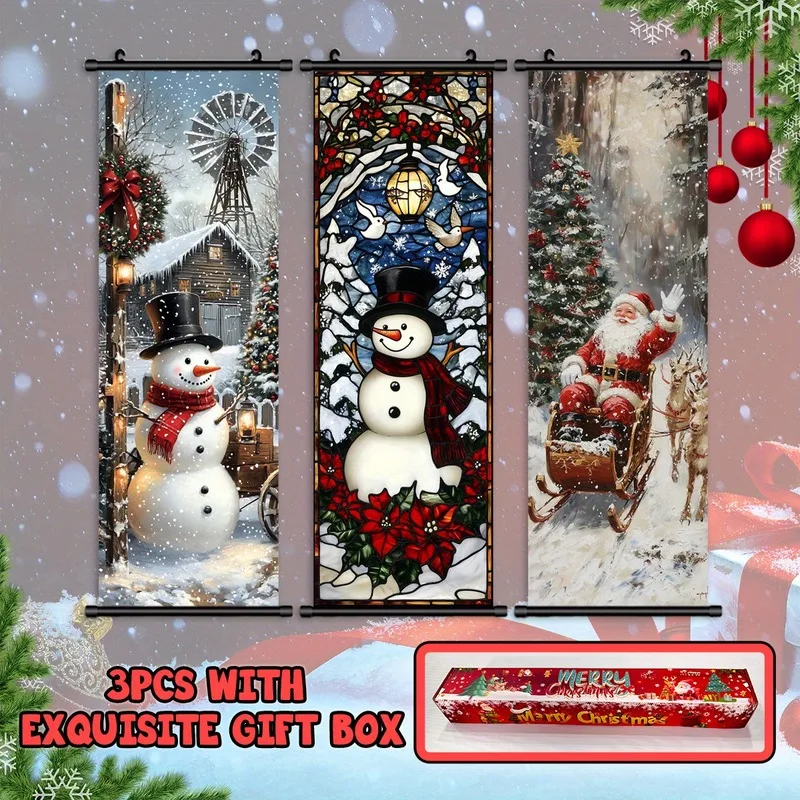 VIKAMA 3PCS Christmas Wall Banner Set, Snowman Santa Christmas Tree Winter Scroll Tapestry for Xmas Door Wall Decor