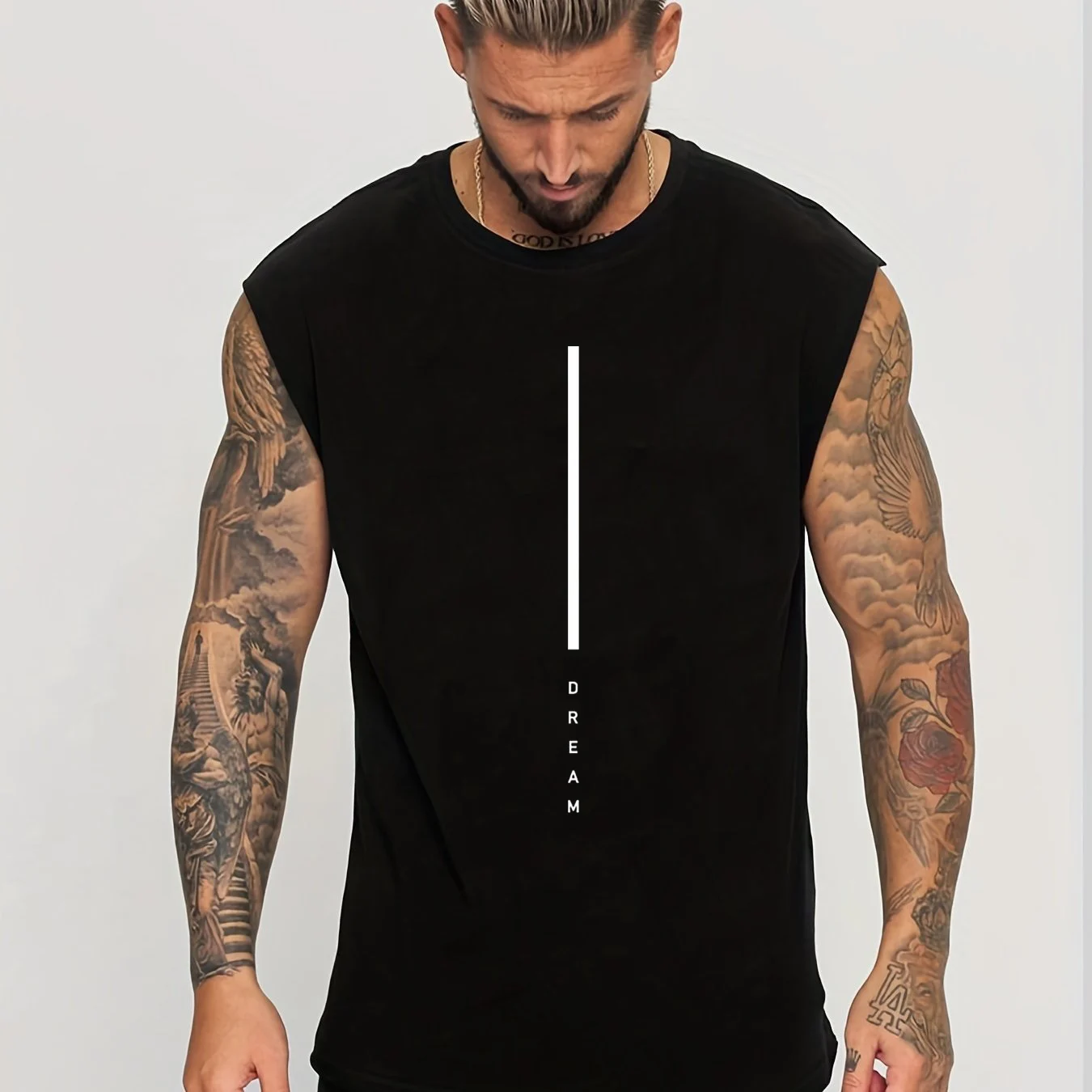 Men's Summer Leisure Sports Fitness Loose DREAM Letter Printed Comfortable Breathable Round Neck Sleeveless Tank Top