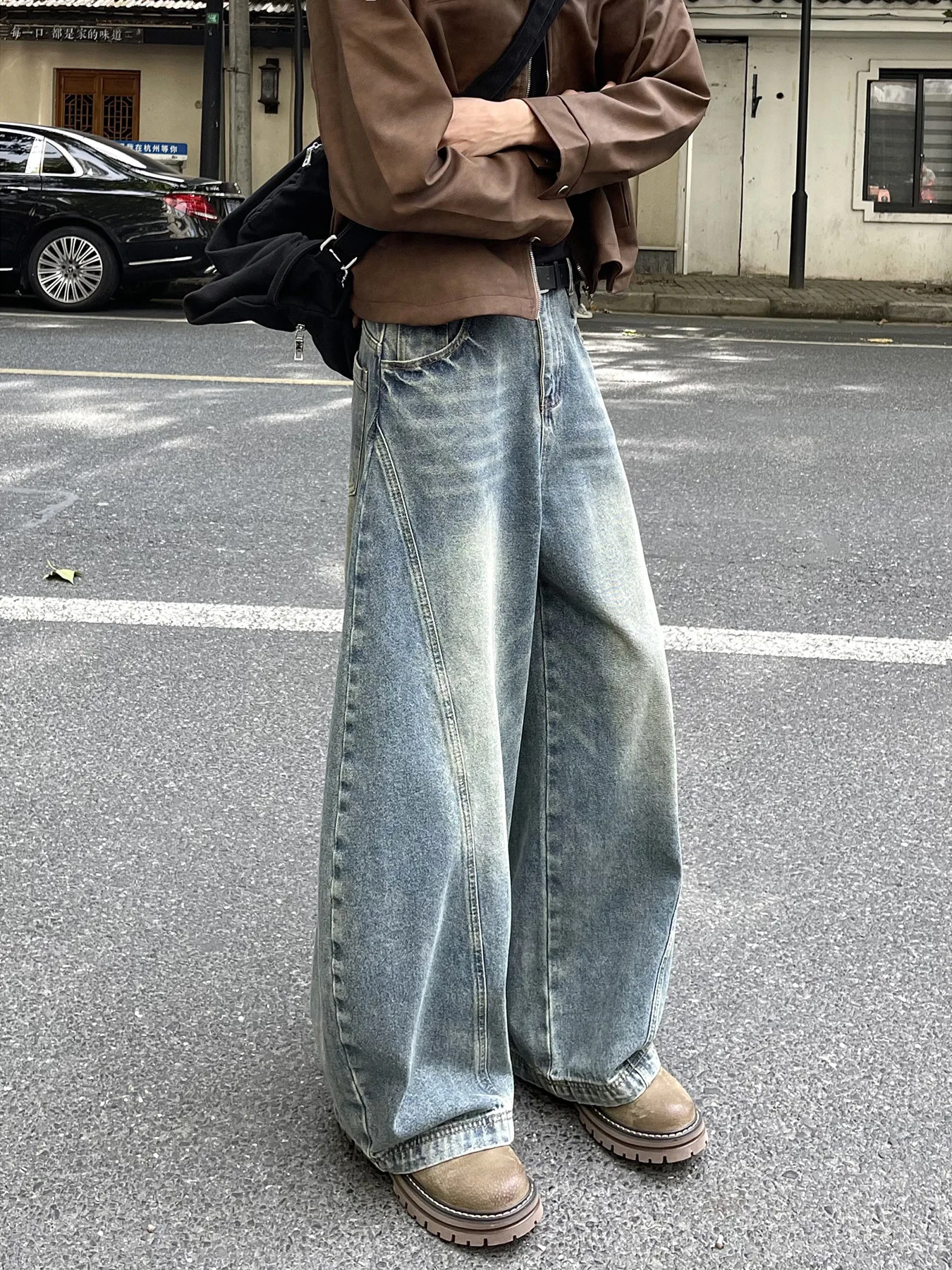 アメリカンレトロワイドレッグメンズジーンズルーズストレートクリーンフィットバナナパンツデザインセンセーションユーストレンド