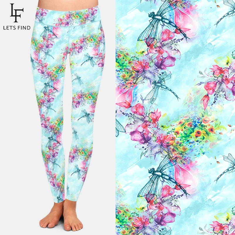 LETSFIND 2020 New Dragonflies and Flowers Print Cute Women Leggings High Waist  Soft Stretch Leggings