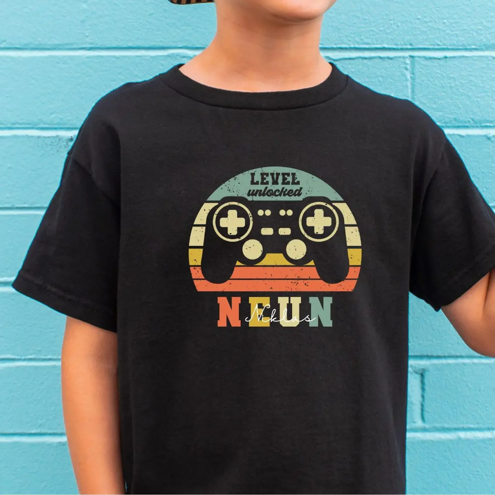 Gamer T Shirt for Kids Personalized with Name amp Number Level Unlocked Cool Birthday Boys and Girls vintage Washed streetwear