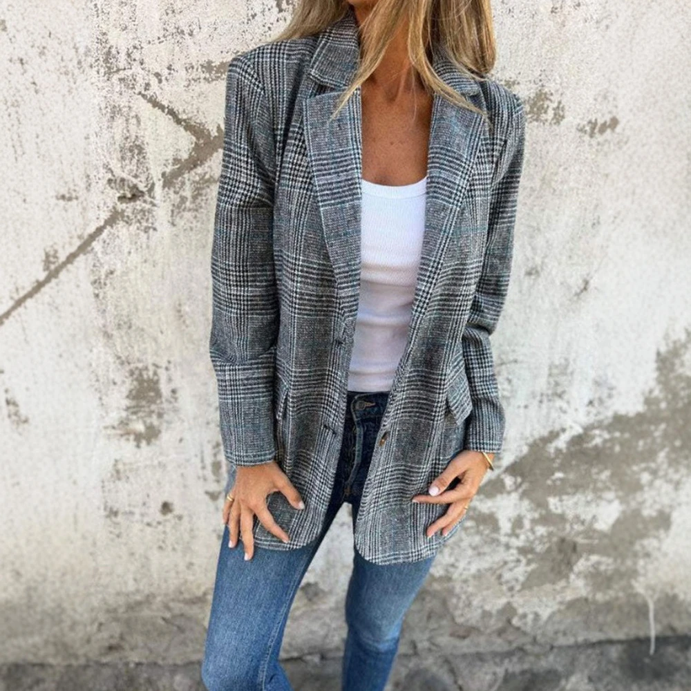 سترة نسائية 2025 متقلب رمادي أسود متباين كم طويل مفتوح من الأمام فضفاض مناسب طية صدر السترة ملابس خارجية متعددة الاستخدامات للمكتب #3