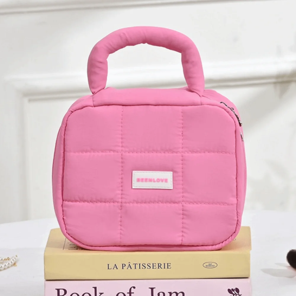 

Candy Color Puff Square Cosmetic Bag Quilted Large Capacity Hand-held Makeup Bag Zipper Pouch Storage Bag Portable Toiletry Bag