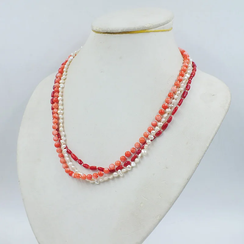 4MM 3-strand natural pearl/coral necklace. Best Birthday Gift for Girls 19”