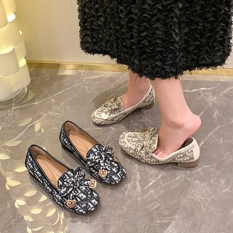 Women Bow Brand Loafers Print Random Square Heels Shoes 2024 Autumn New Fashion Ladies Casual Shoes Luxury Pumps Zapatos Mujer