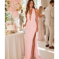 Women Deep V Neck Halter Maxi Dress Backless Ruched High Split Cocktail Party Formal Prom Gown Wedding Guest Dress - Image 3