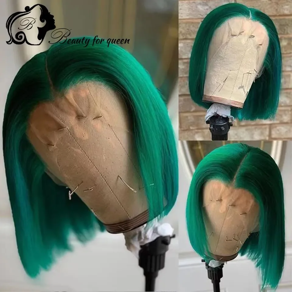 ダークグリーンのレースフロントボブウィッグ 13x4 プレプラッキング済み 透明人毛100%ウィッグ 手元で常に若く見える 180%密度 HD