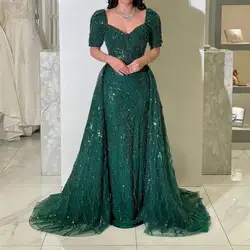 Customized Luxury Green Evening Dresses Long Sleeve Square Neck Beading Women Formal Occasion Dress With Skirt Prom Pageant