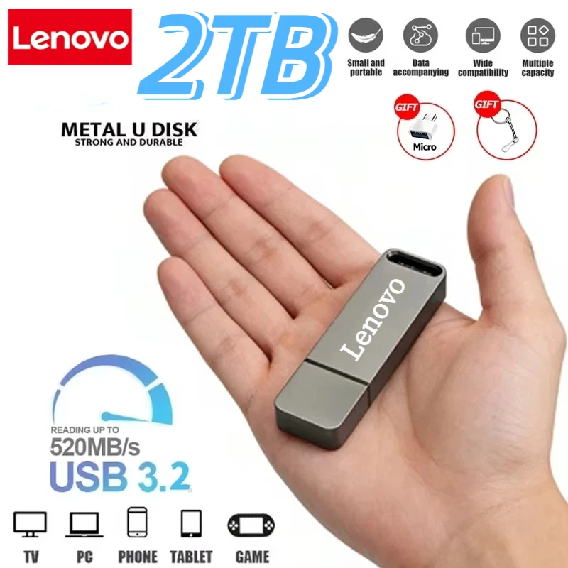 Lenovo Pen Drive USB 3.2 Flash Drive High-Speed Pen Drive Metal USB Memory For Computer Storage Device 8TB 2TB Car Music Adapter