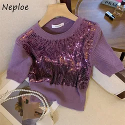 Neploe Elegant Heavy Purple Sequin Tee Shirt 2024 Summer New O-neck Knitted Tops Women Y2k Slim Fit Short Sleeve T-shirts