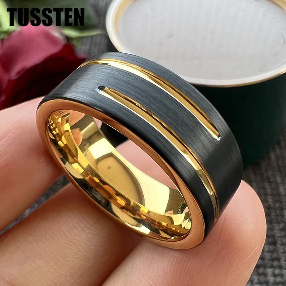 Dropshipping TUSSTEN 8MM Men Women Flat Wedding Band Tungsten Finger Ring 2 Grooves Finish Great Workmanship Comfort Fit