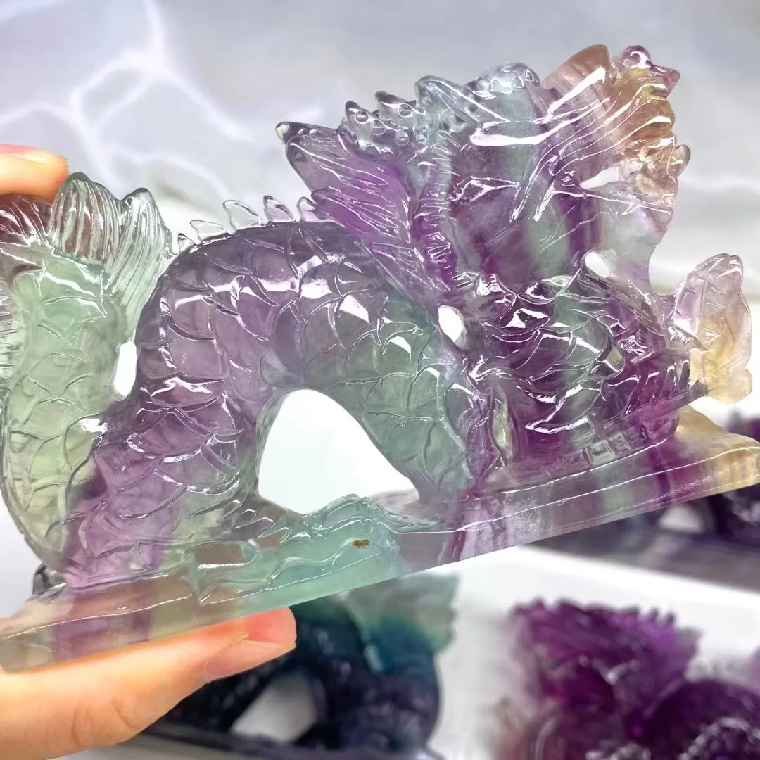 1 Pc Natural Stone Rainbow Fluorite Chinese Dragon Handmade Carved Animal Figurine Home Decor Jewelry Gift