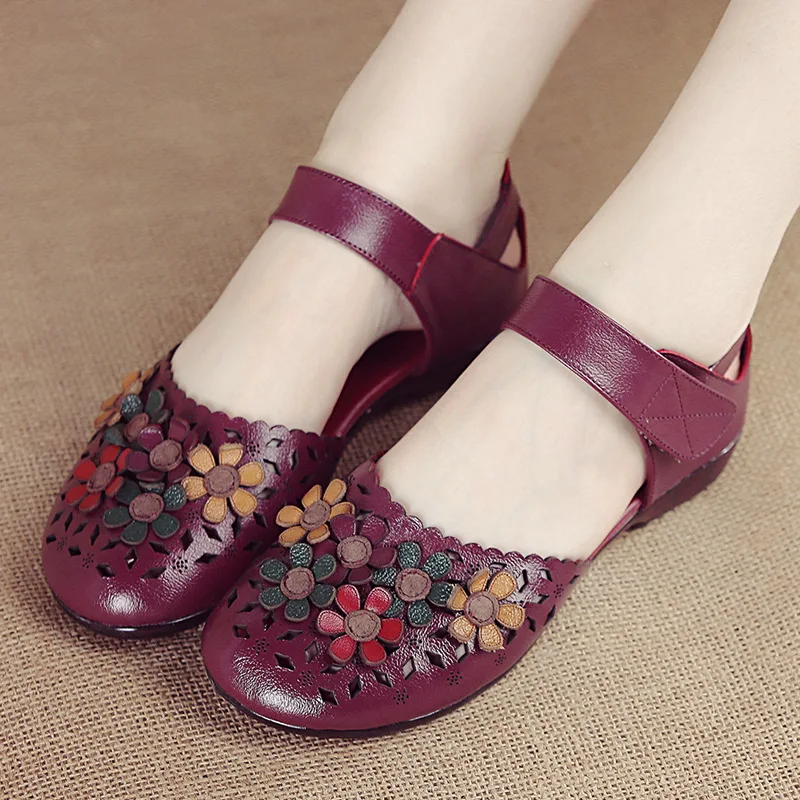 Retro Floral Flats Luxury Sandals Women Designers Cutout Mary Jane Shoes Ladies Genuine Leather leather Flat Sandals With Strap