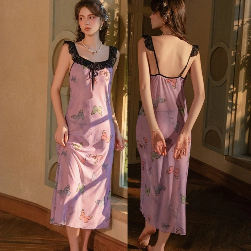 

Женская сексуальная ночная сорочка на бретельках, милая кружевная сетчатая ночная рубашка с принтом, домашнее платье, летняя одежда для сна, длинная ночная рубашка, милый пеньюар в стиле принцессы