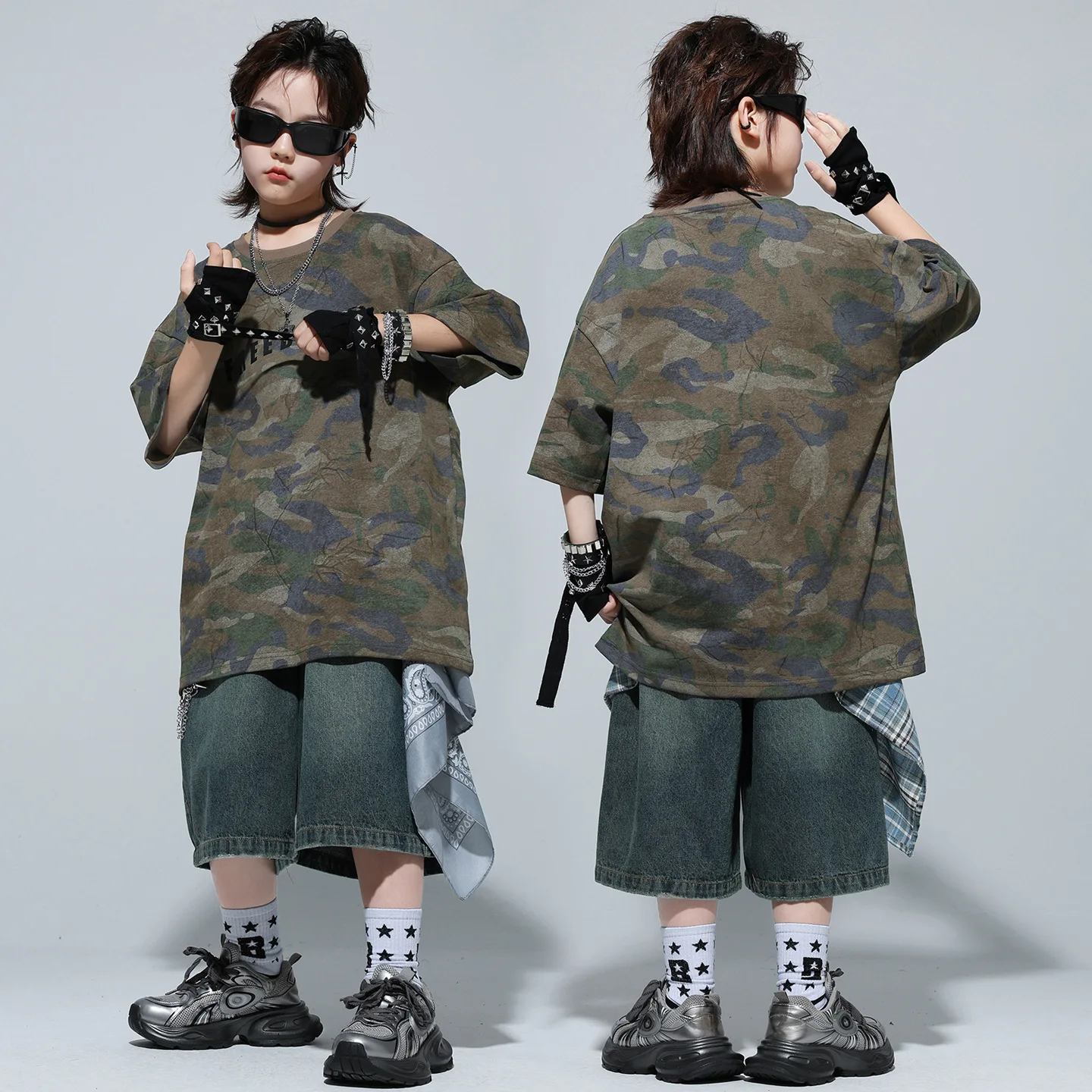 

Kid Kpop Hip Hop Clothing Camo T Shirt Vintage Casual Denim Blue Jeans Shorts Middle Pants for Girl Boy Dance Costumes Clothes
