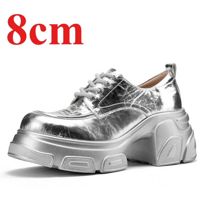 

Британские серебряные кроссовки, увеличивающие рост, женская обувь из натуральной кожи на высоком каблуке 8 см, удобная дышащая повседневная спортивная обувь