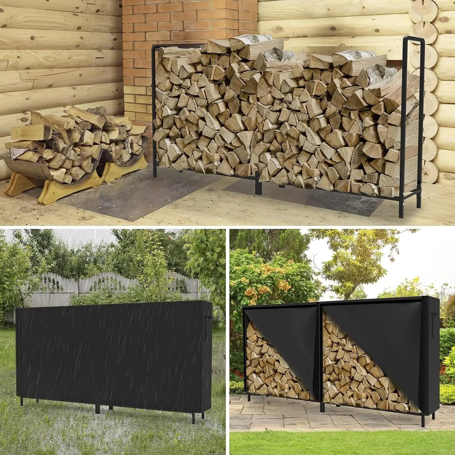 Outdoor Firewood Rack, Heavy Duty Fireplace Wood Storage Holder Stand With Weatherproof Cover, Indoor Patio Deck Log Organizer, Modern Black, Set Of One