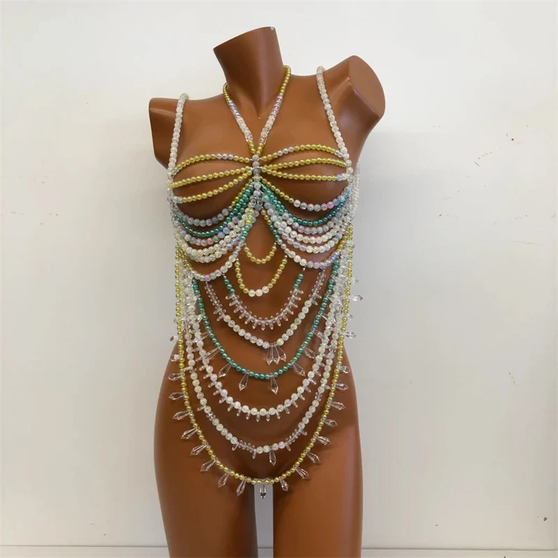 Damen-Oberteile Perlenbesetztes Bralette Festival-Weste Club-Bikini-BH-Top Perlen-Bustier Strandkleidung Lingerie Damen-Rave-Kleidung Tanktops – Detail 1
