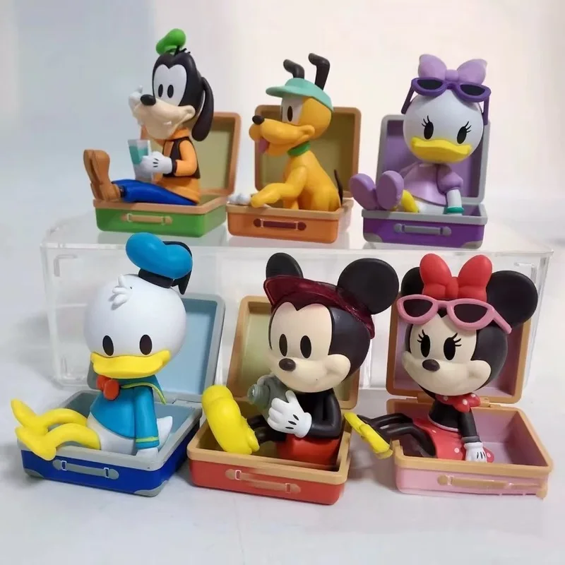 Miniso Mickey Minnie Donald Duck Travel Luggage Series Mystery Box Pvc Model Ornament Creative Toy Handmade Baby Birthday Gifts