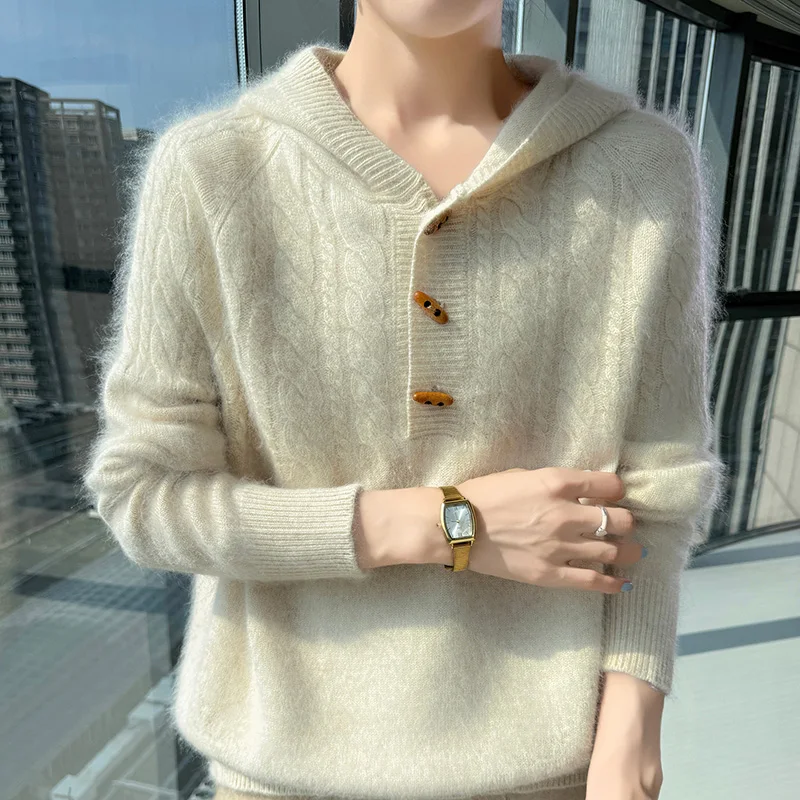 100% المنك النقي الكشمير محبوك معطف بقلنسوة المرأة مقنعين طوق فضفاض البلوز موضة تويست بأكمام طويلة هوديي معطف سميك