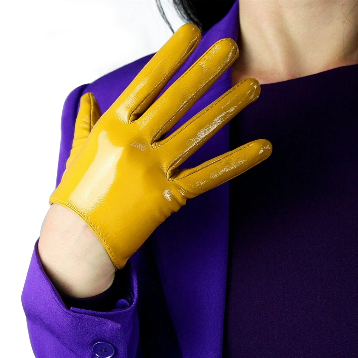 

DooWay Women's Shine Yellow Short Leather Gloves Faux Patent Latex Wet Look Opera Evening Party Dressing Costume Cosplay Glove