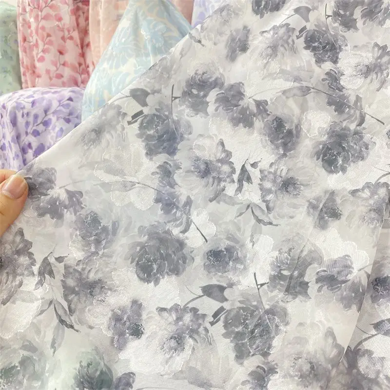 Jacquard Chiffon Fabric Summer By The Meter for Dresses Skirts Shirt T-shirt Sewing Needlework Cloth Thin Soft Breathable Flower