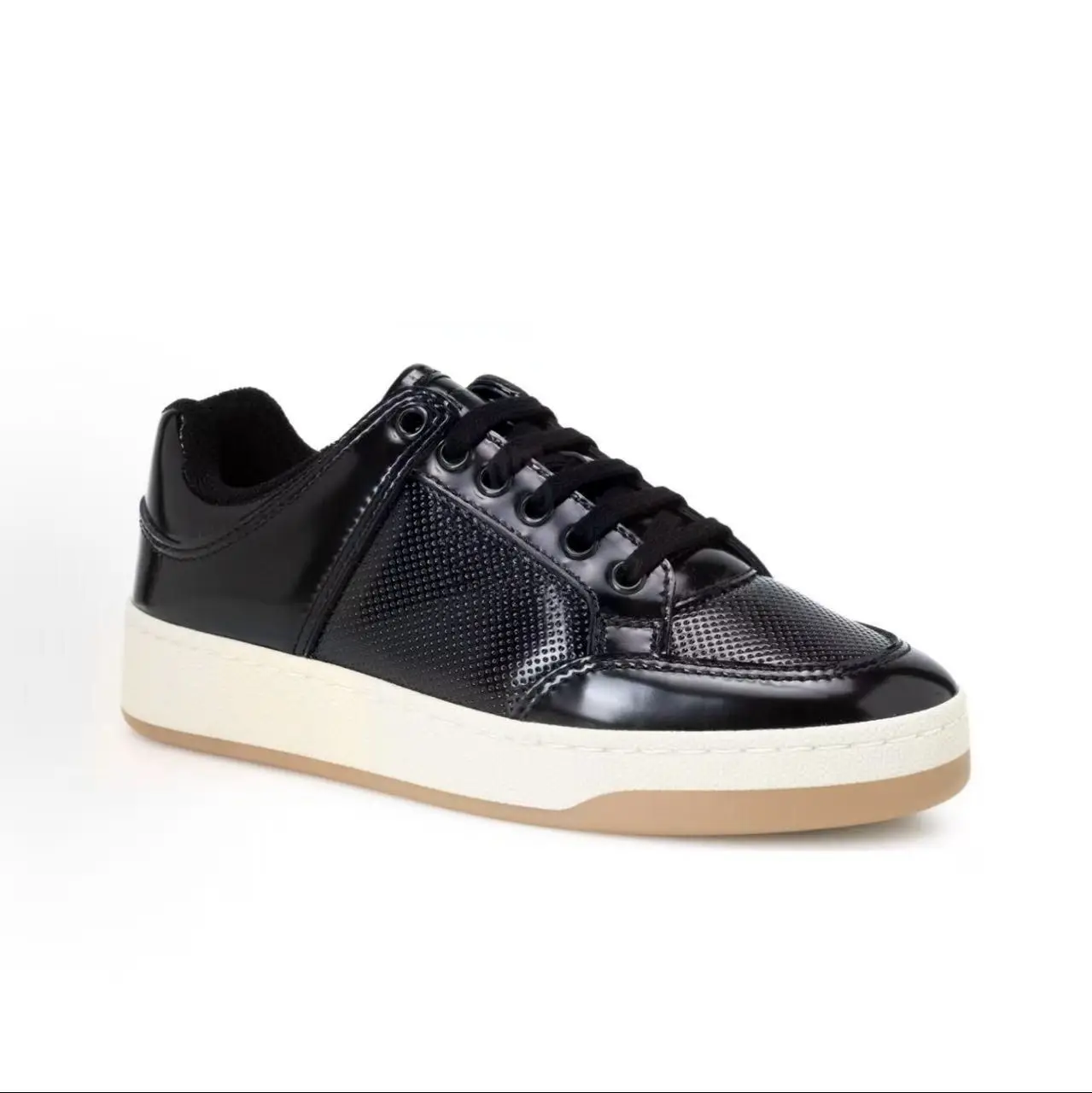 Unisex Fashion Lace Up Board Sneakers Shiny Patent Leather Mixed Material Vintage Gum Sole All Match Street Footwear