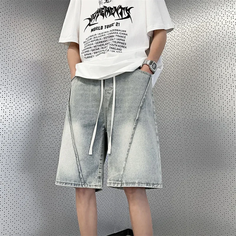 

2024 Summer Men's New Gradient Denim Short Pants Male Baggy Streetwear Straight Shorts Men Oversize Loose Shorts Jeans G218