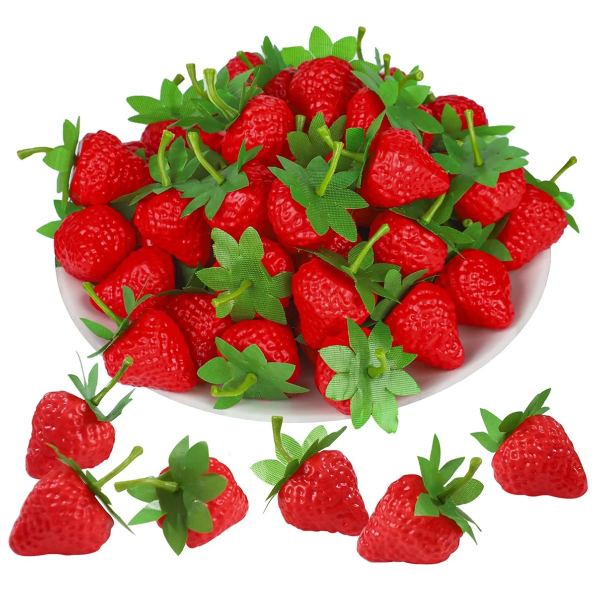 2025+100 PCS Artificial Red Strawberries Fake Plastic Strawberry Decor for Home Kitchen Festival Party Photography Cake