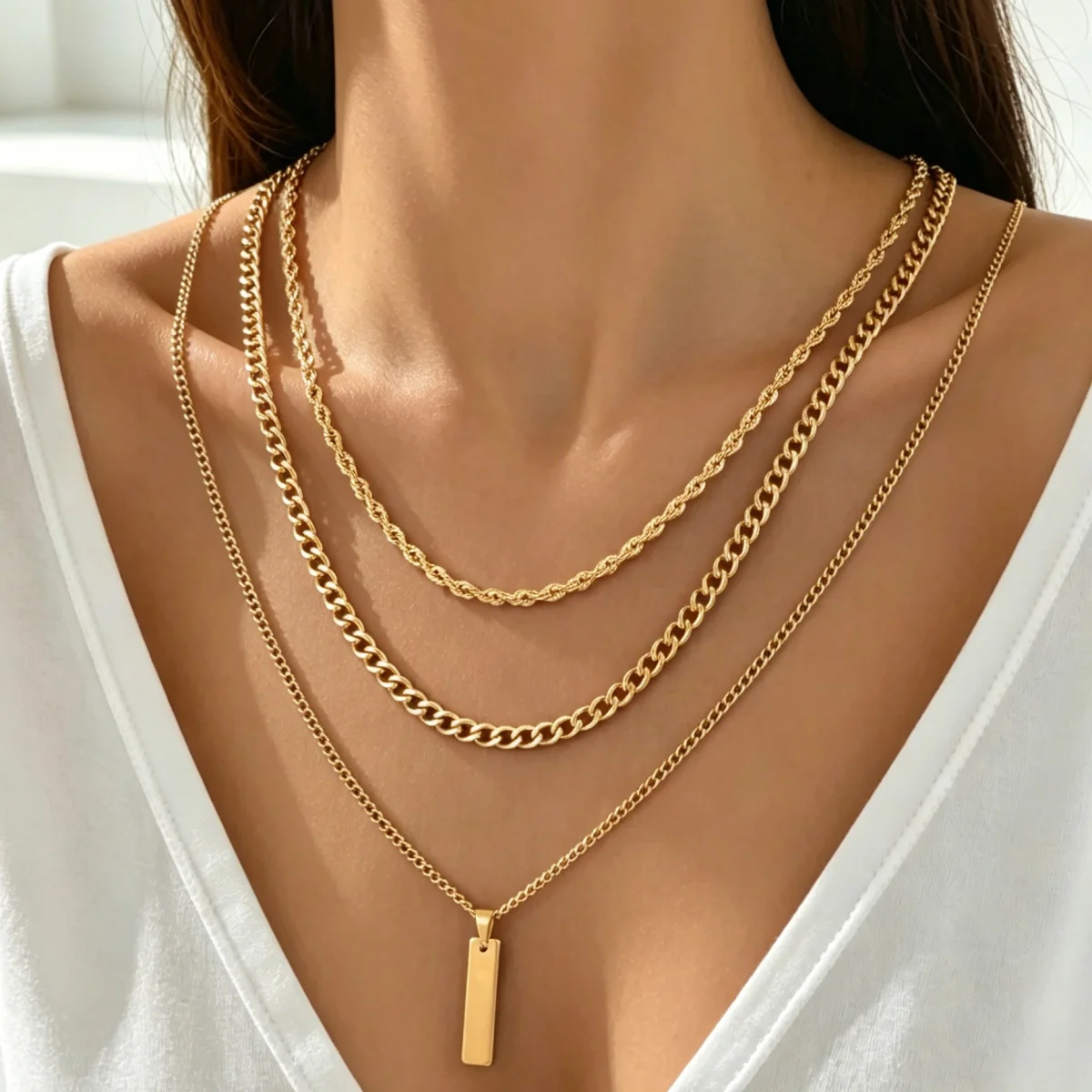 3 Pcs Stackable Layered Necklace Set With Long Flat Sheet Pendants, Minimalist Unique Personal Fashion Accessories