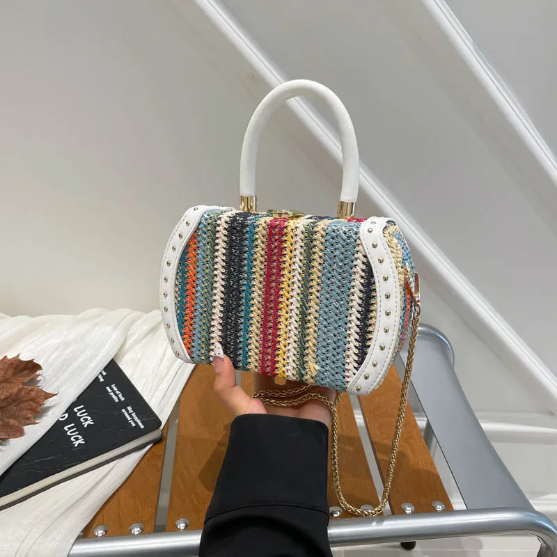 

Lady Crossbody Bag Straw Weaving Rivet Decoration Color Blocking Design Fashion Daily Leisure Comfortable Large Capacity Handbag