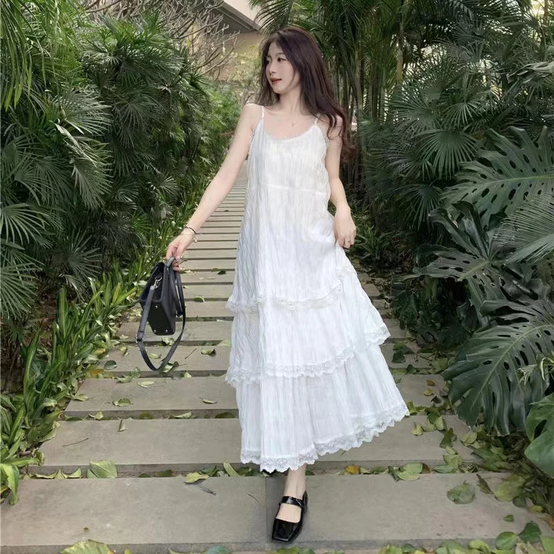 White Long Dress 2024 Women Summer Soft Flowing Hem Sleeveless Spaghetti French V Neck Slimming Elegant Cake Dress Femme