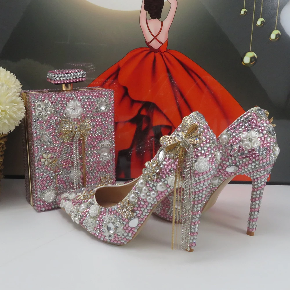 Fashion Women Bridal Wedding Shoes and Bag High Pumps Woman Thin Heel Tassel Crystal Party Dress Shoes Woman Pink Crystal Shoe