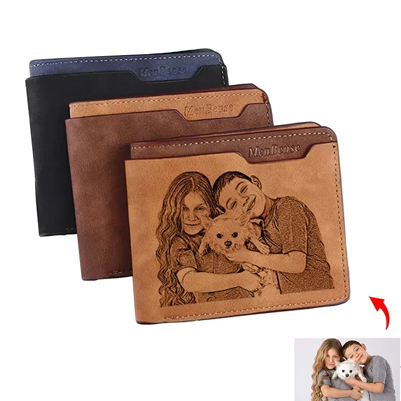 Men Short Multi-Function PU Leather DIY Engraving Personalized Picture Text Purse Carving Photo Wallet Father's Day Gift for Men