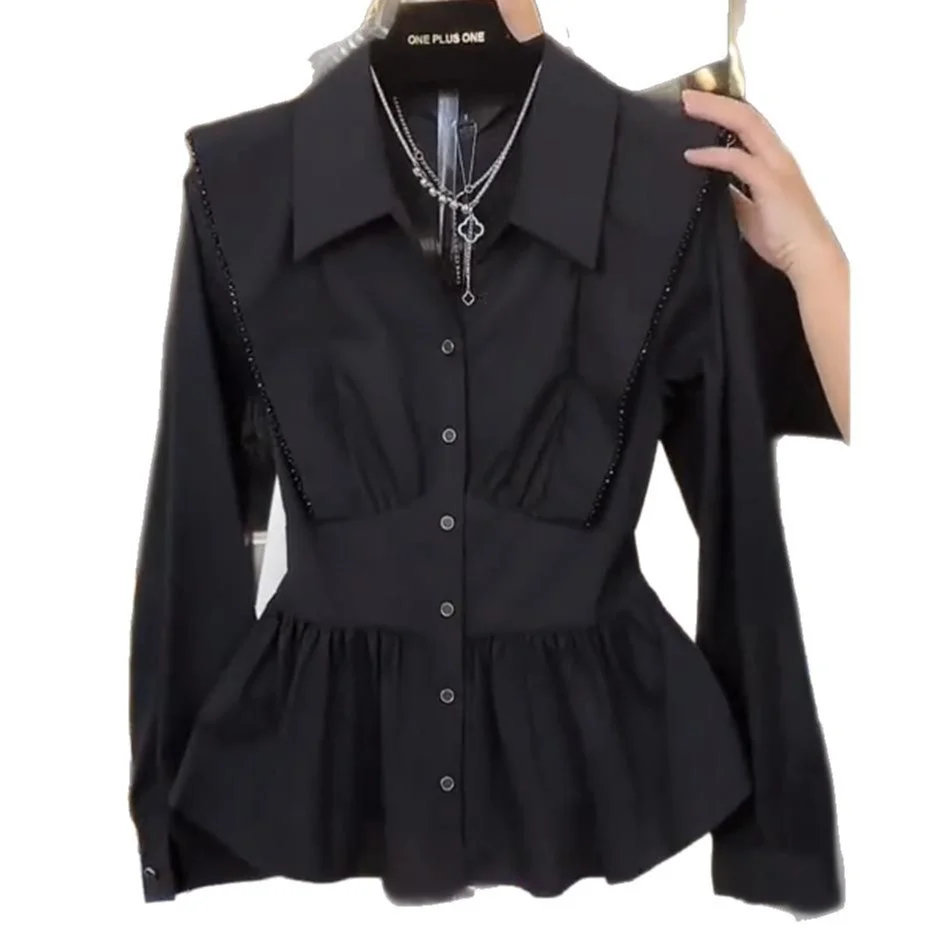 Camicia a maniche lunghe pieghettata stile francese Donna Primavera Autunno Nuovo risvolto monopetto Top Camicetta sottile versatile alla moda