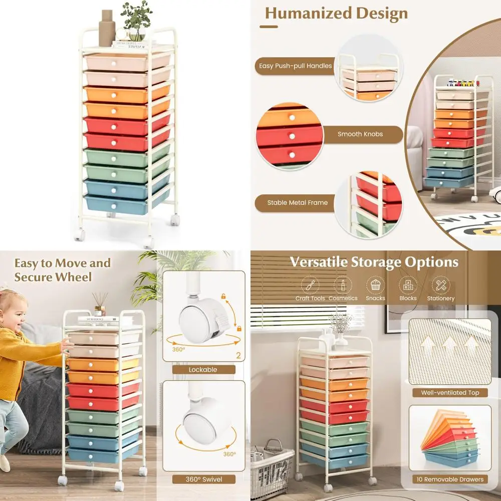 Rollwagen mit 10 Schubladen, abnehmbaren Schubladen, Stahlrahmen und Universalrollen für Dienstprogramm und Organisation
