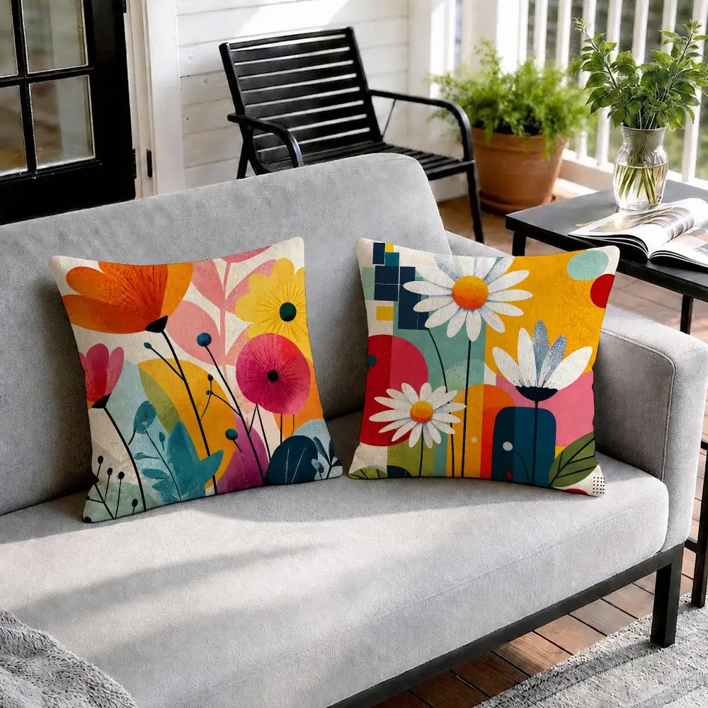 Vibrant Abstract Floral Cushion Cover Natural Linen Organic Fabric Double-Sided Printing Sofa Home Decor Gift Pillow Cover