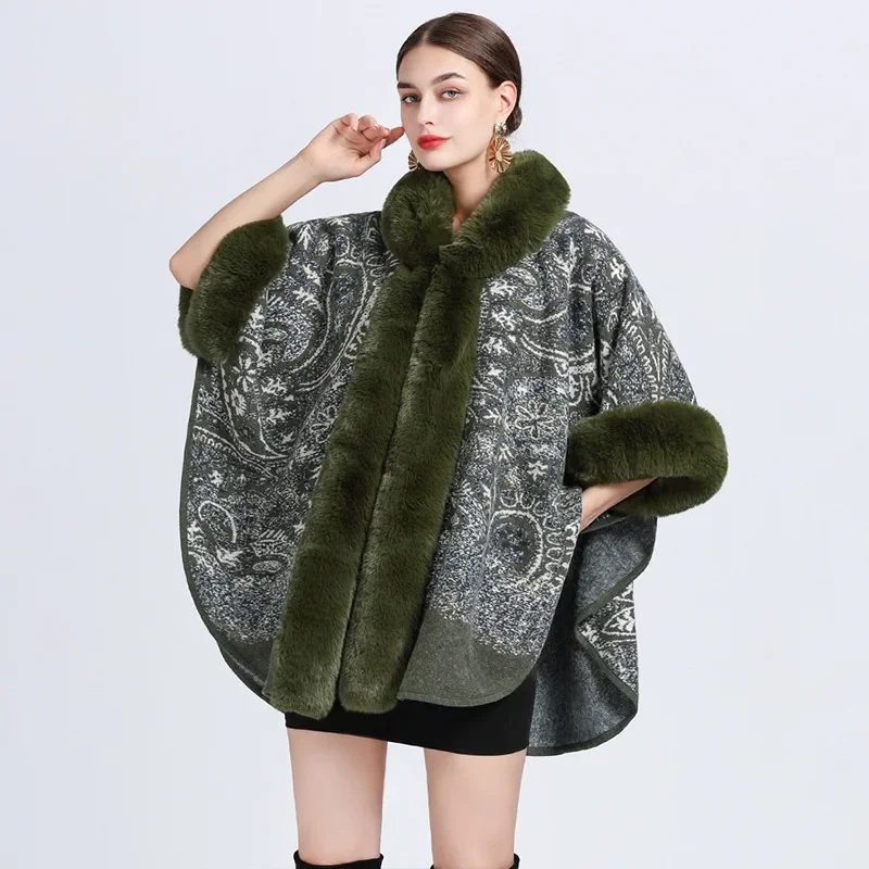 

Autumn Winter New Imitation Otter Rabbit Fur Collar Jacquard Hooded Shawl Cape Imitation Wool Ponchos Coffee Capes Women Cloak