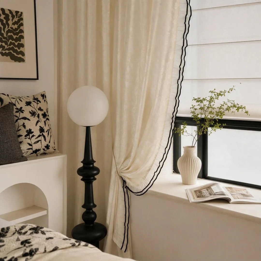 French Cream Embossed Jacquard Sheer Curtain Semi‑Transparent Textured Window Drapes