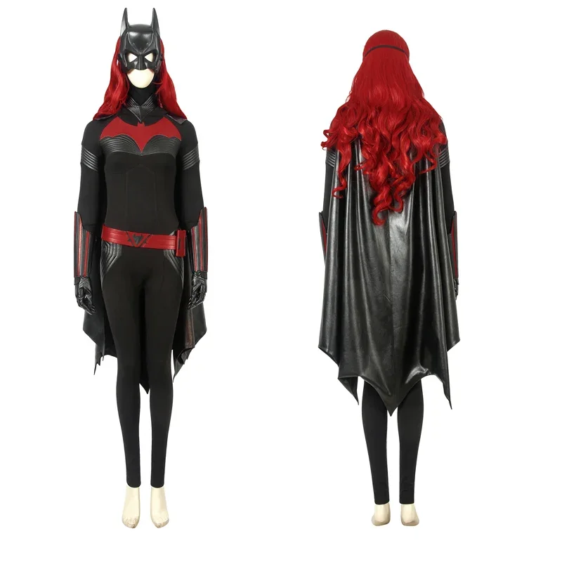 Female Batwoman Cosplay Costumes Kate Kane Roleplay Jumpsuit Superhero Black Leather Bodysuit Cloak Wig Mask Halloween Outfits